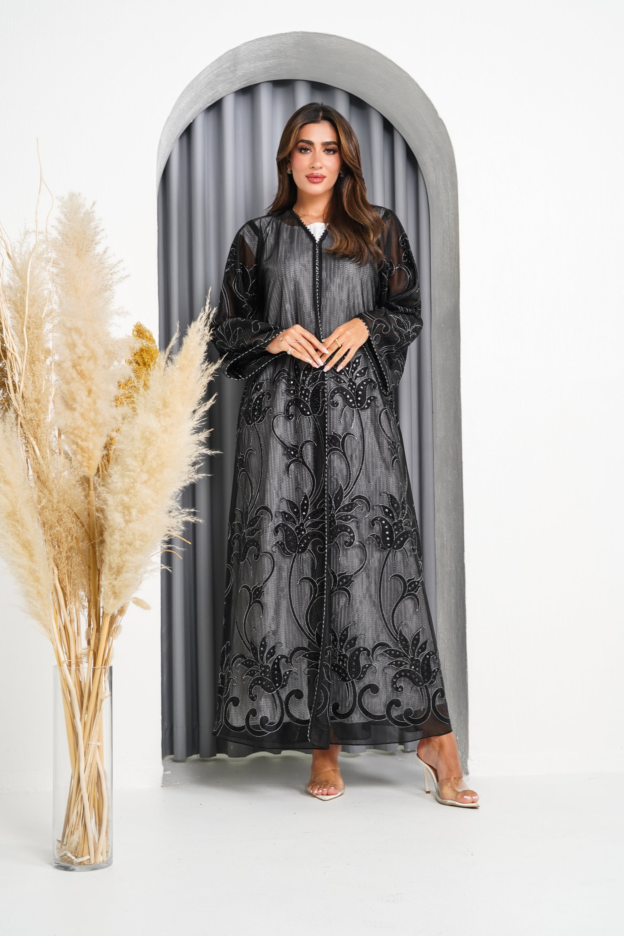 R219 Black elegant Flower Laser  Dantil Abaya Set