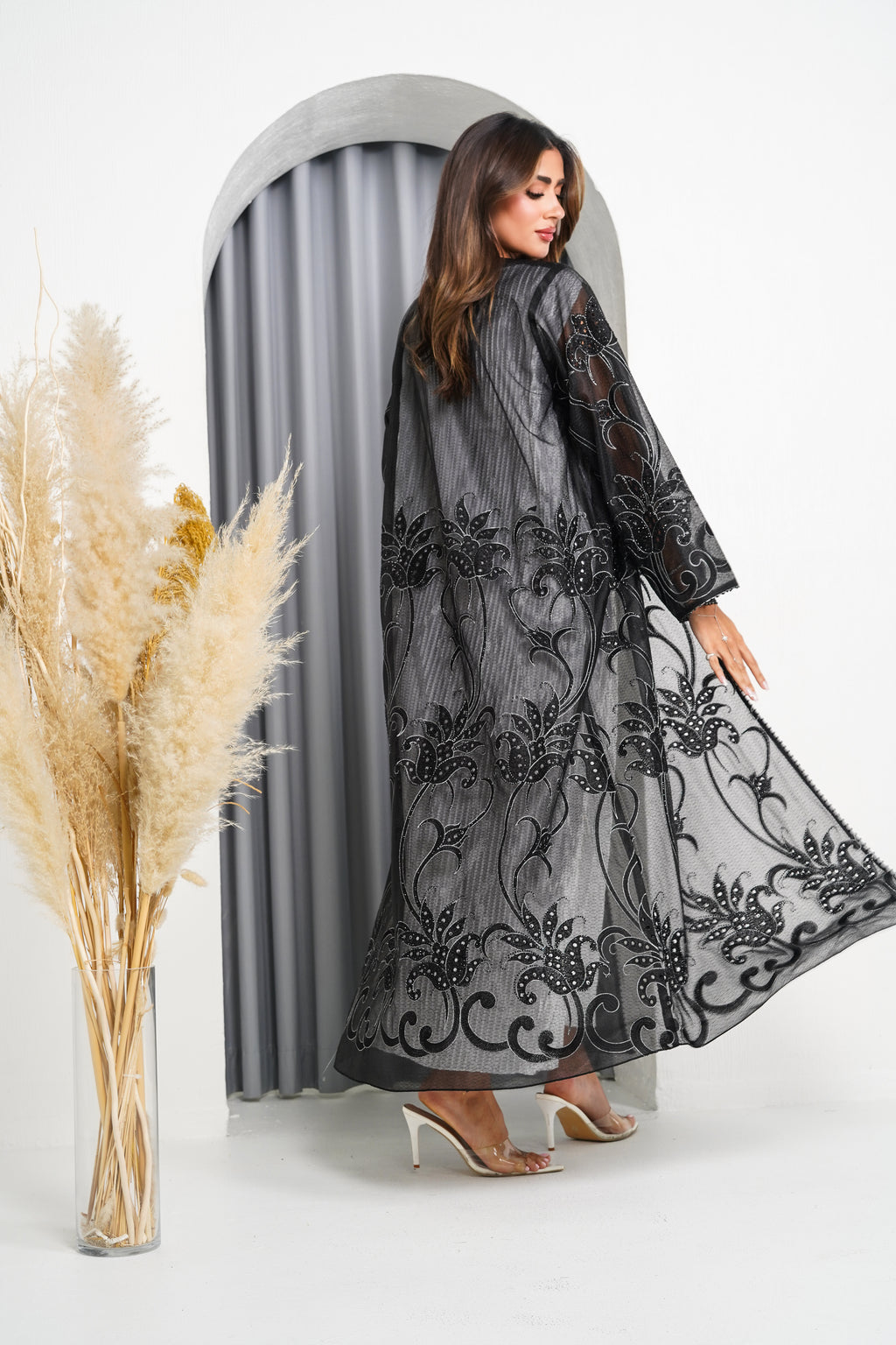 R219 Black elegant Flower Laser  Dantil Abaya Set