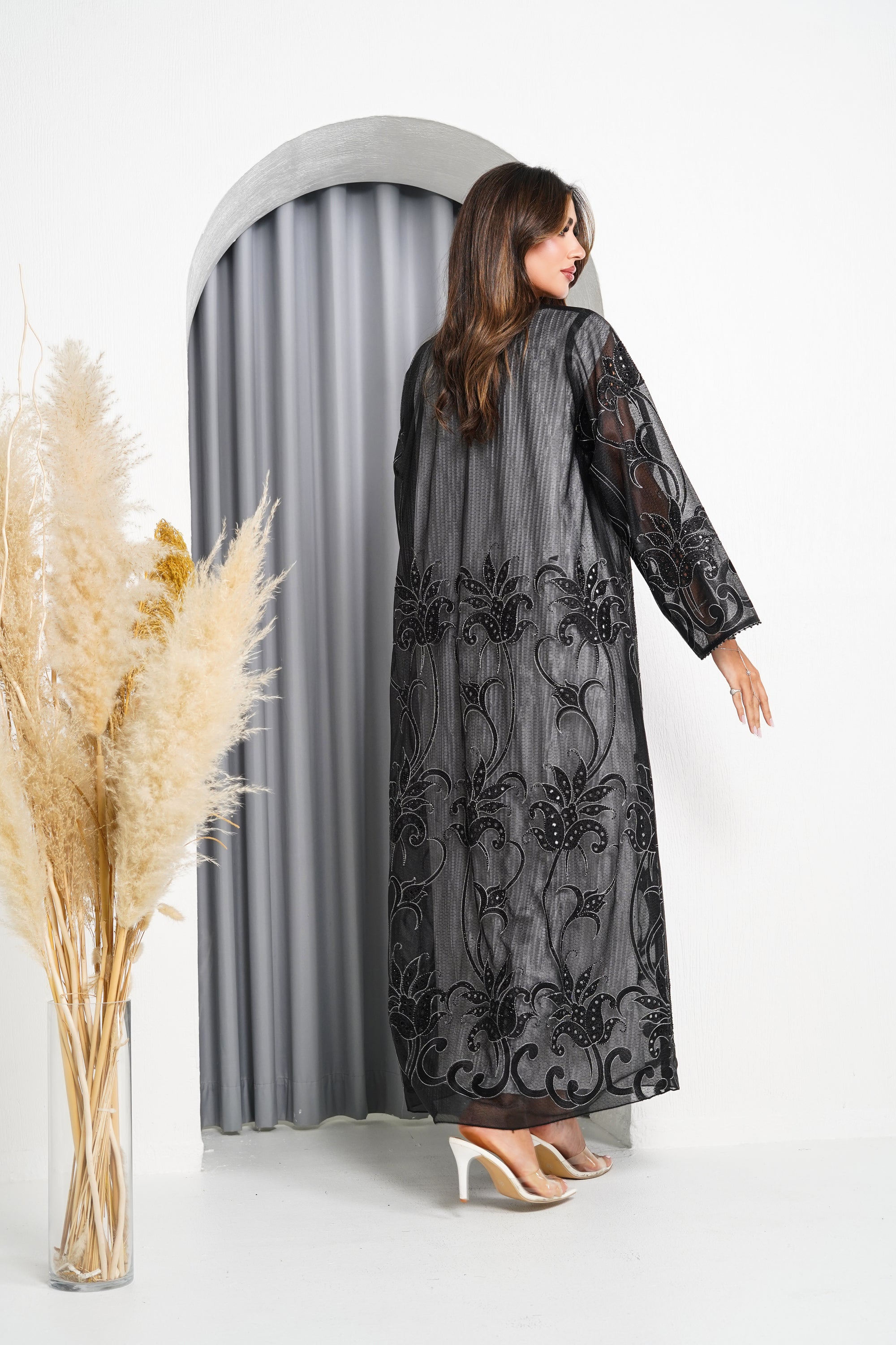 R219 Black elegant Flower Laser  Dantil Abaya Set