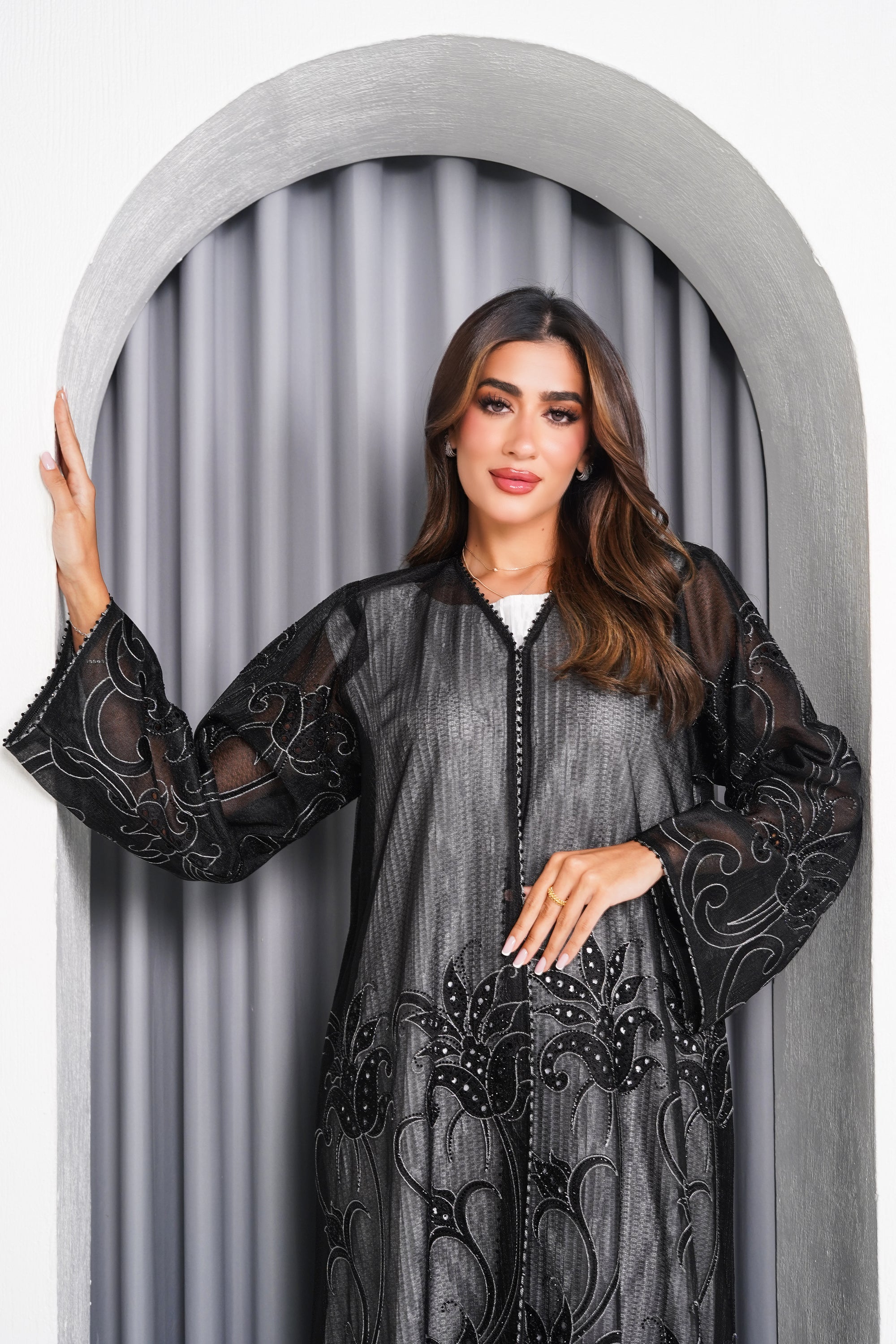 R219 Black elegant Flower Laser  Dantil Abaya Set