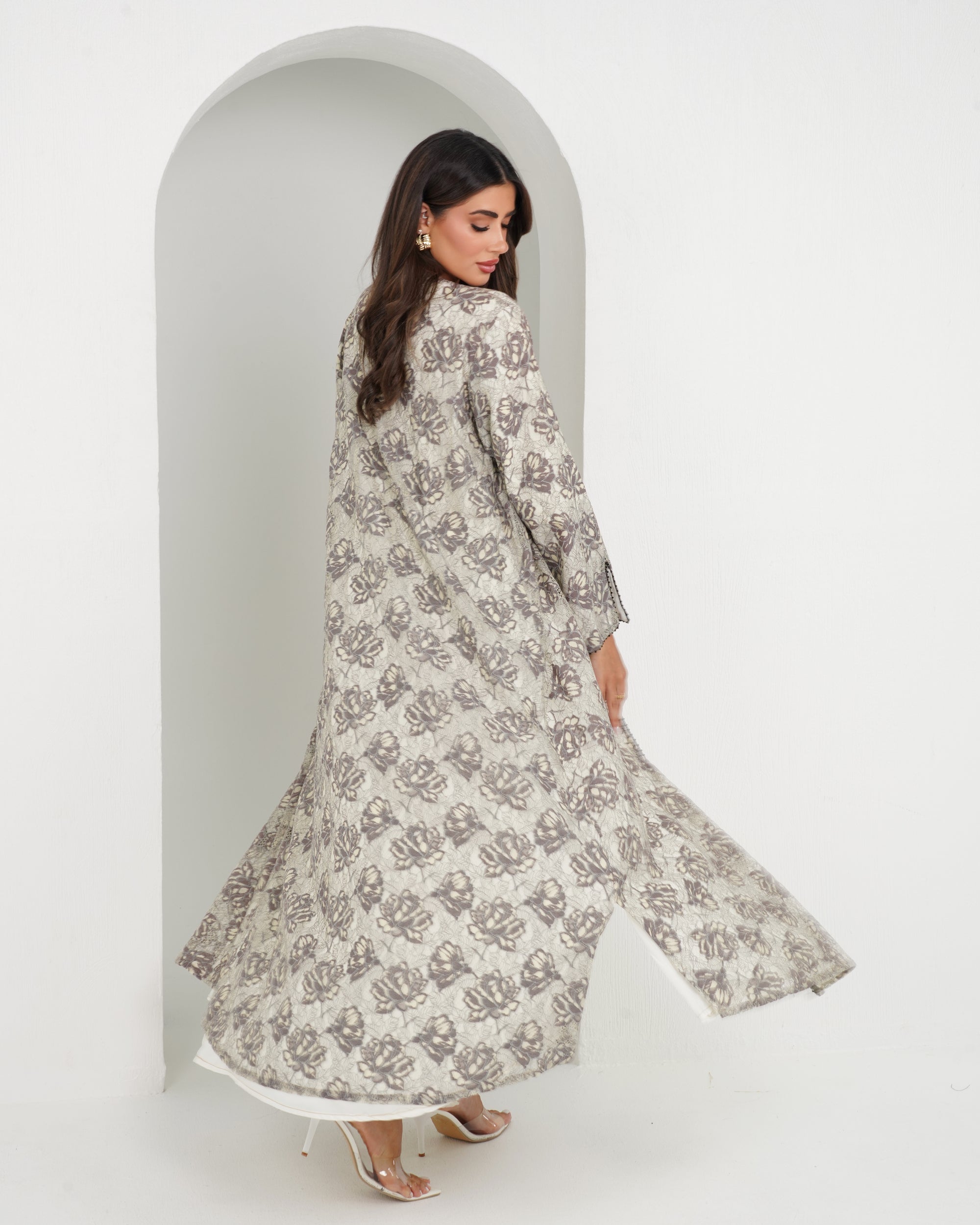 R152 Summer  Beige Dantel  Abaya Set