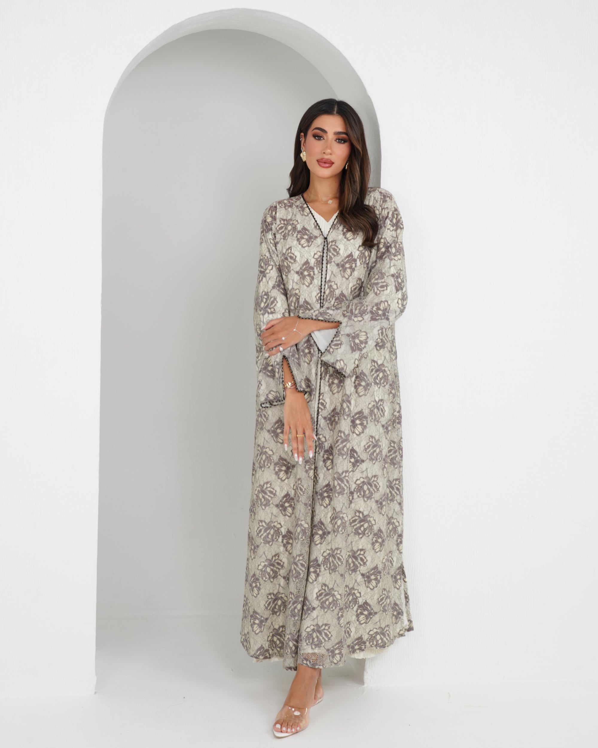 R152 Summer  Beige Dantel  Abaya Set