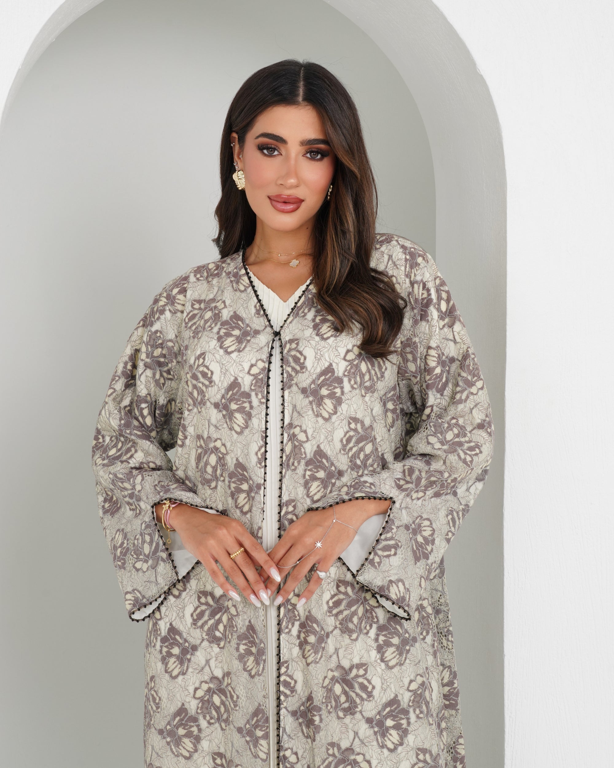 R152 Summer  Beige Dantel  Abaya Set