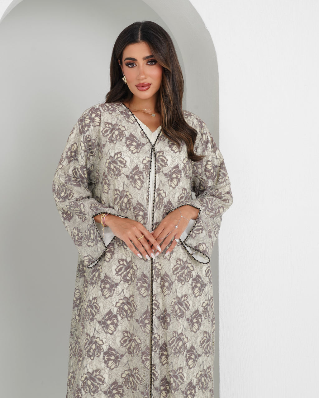 R152 Summer  Beige Dantel  Abaya Set