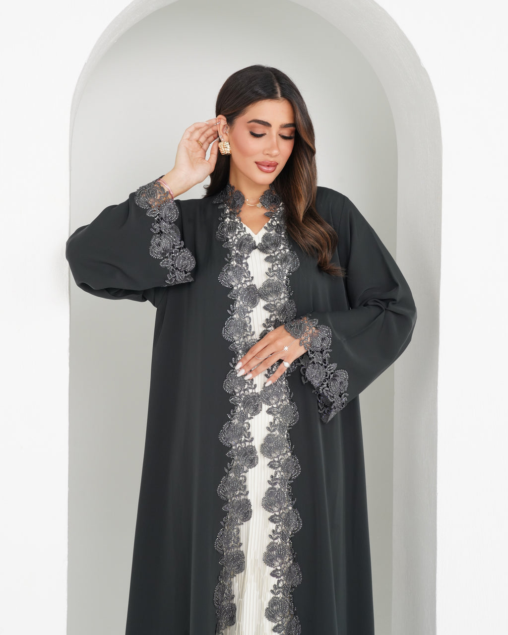 R154  C Green Dantel Glaring Abaya Set