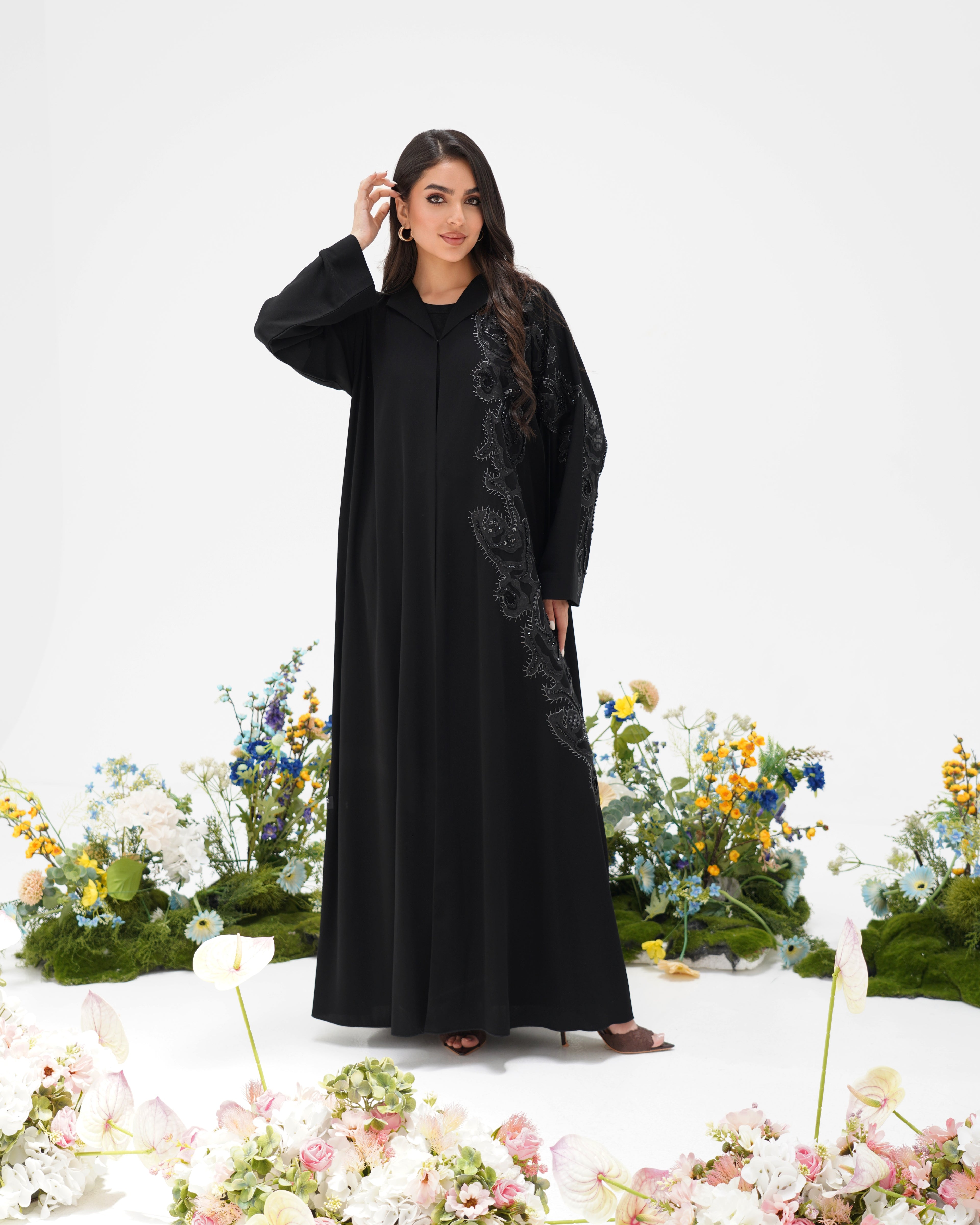 R306 Modern laser cut silver Ari with Beads work Black Abaya