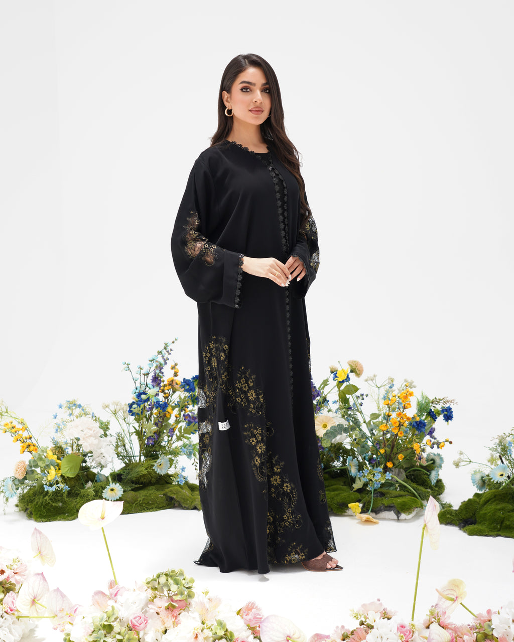 R305 Golden francy sequence lace Classic Black Abaya