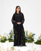 R305 Golden francy sequence lace Classic Black Abaya