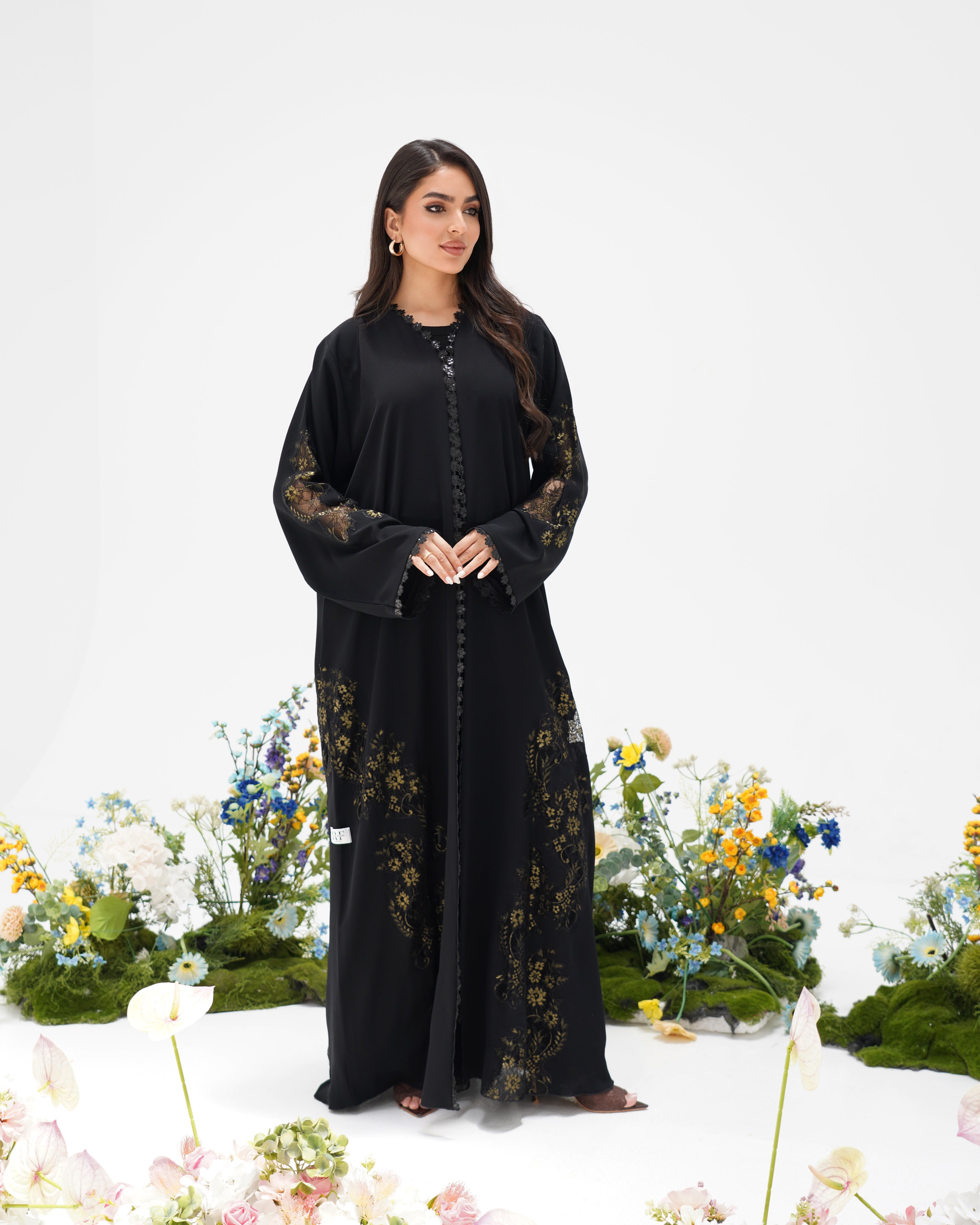R305 Golden francy sequence lace Classic Black Abaya