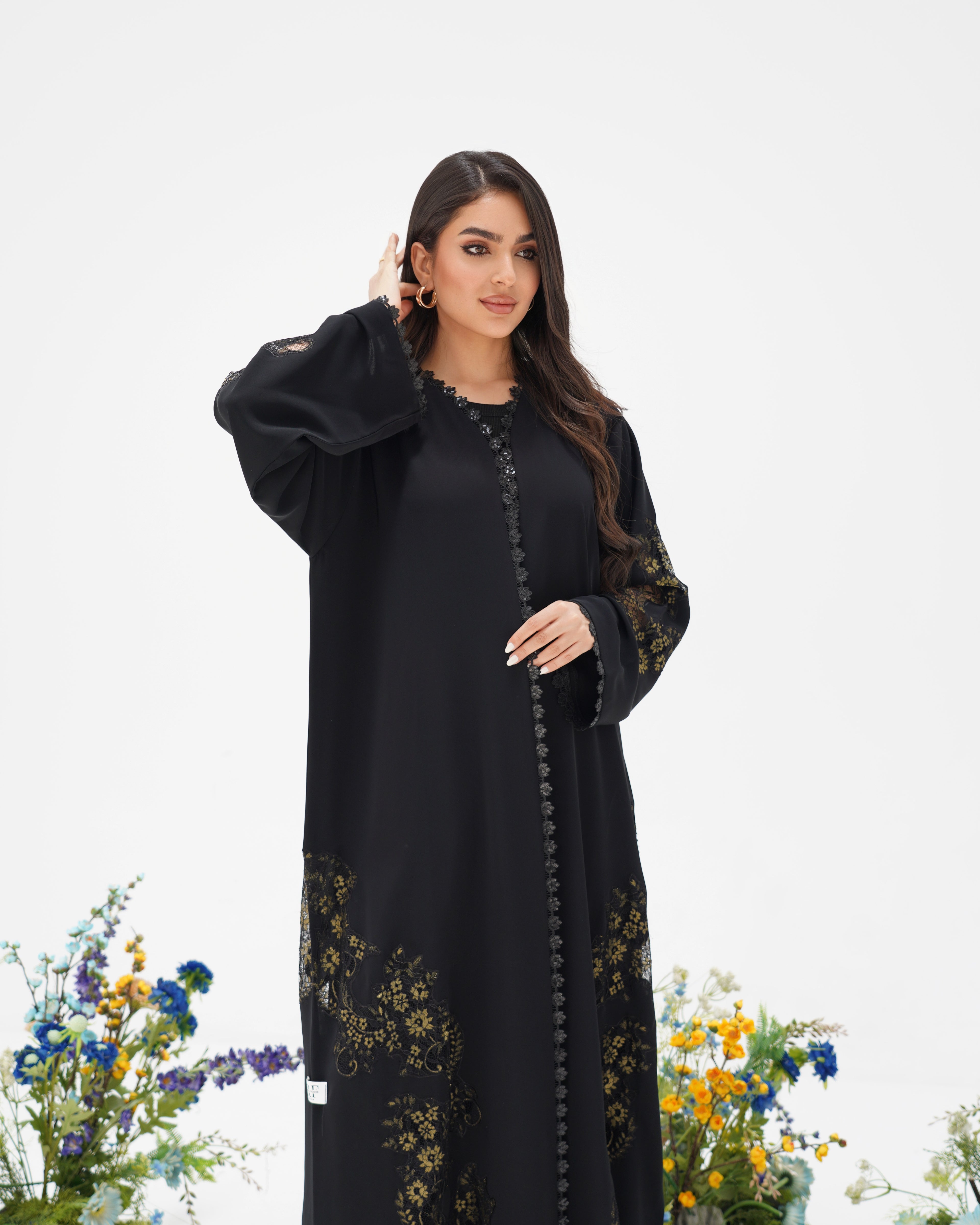 R305 Golden francy sequence lace Classic Black Abaya