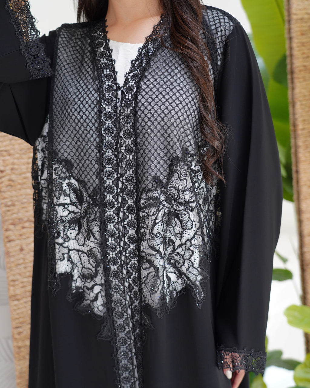 R300 Galaxy Dantel  Black Abaya with stone Lace