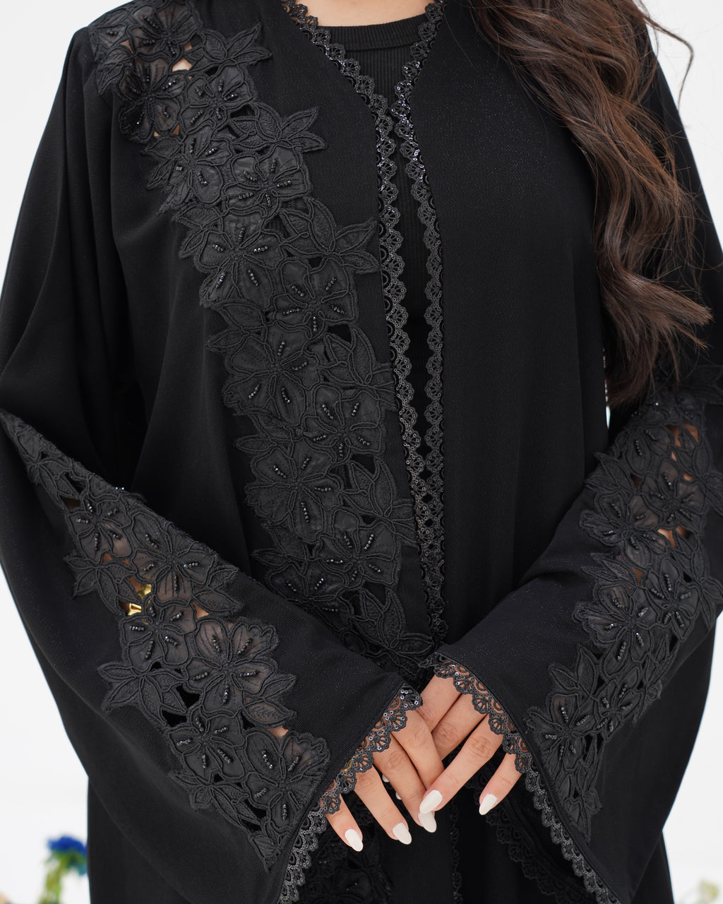 R298 New Fashion Dantel Designer Black Abaya