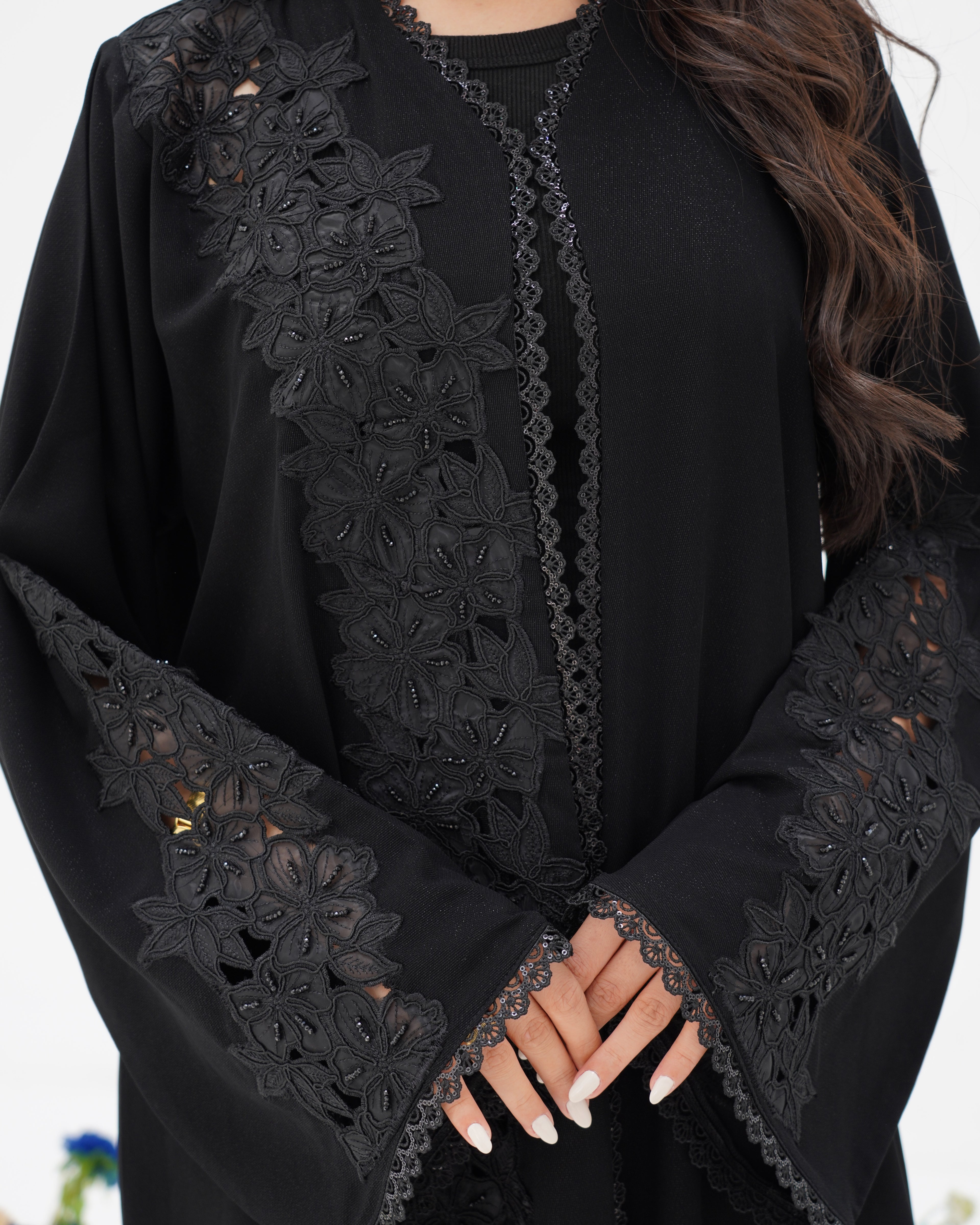 R298 New Fashion Dantel Designer Black Abaya