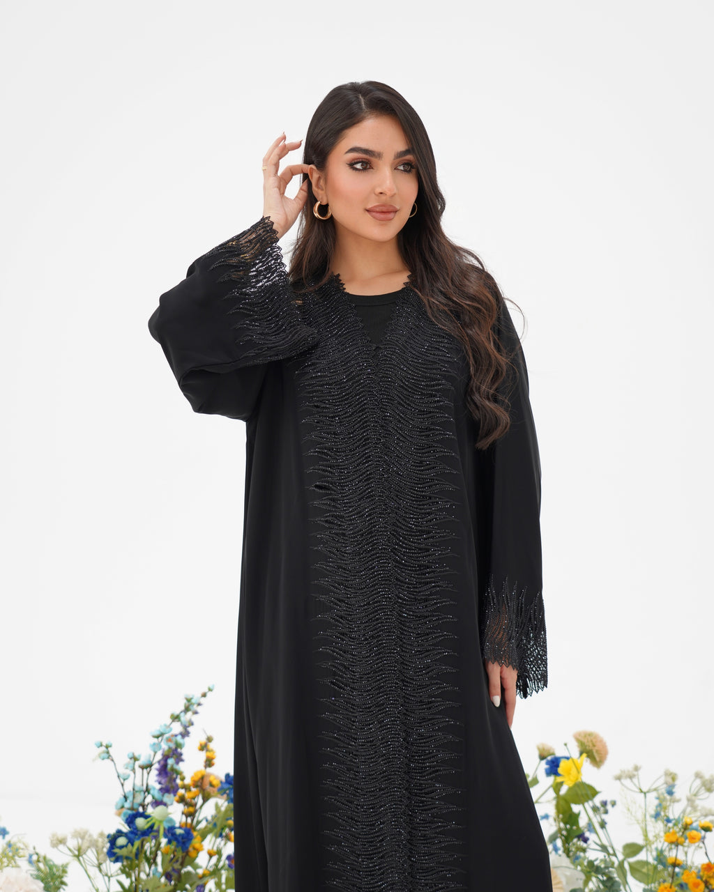 R296 Luxuries Black Abaya with 3D Lace