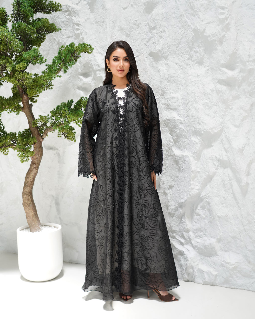 R310 exclusive Flower embroidery Organza  Black Abaya