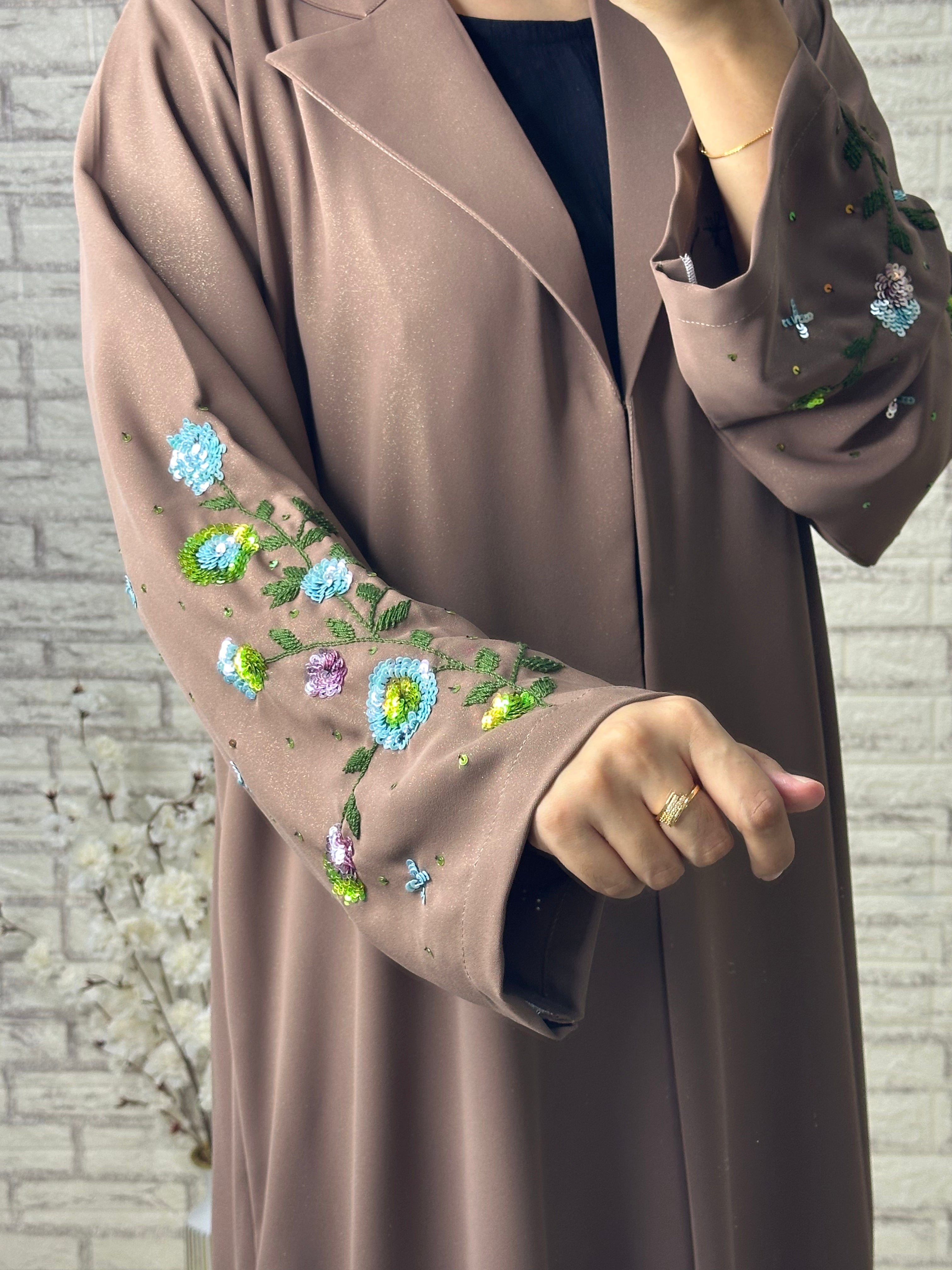 R017  C Wave  Brown Abaya Set