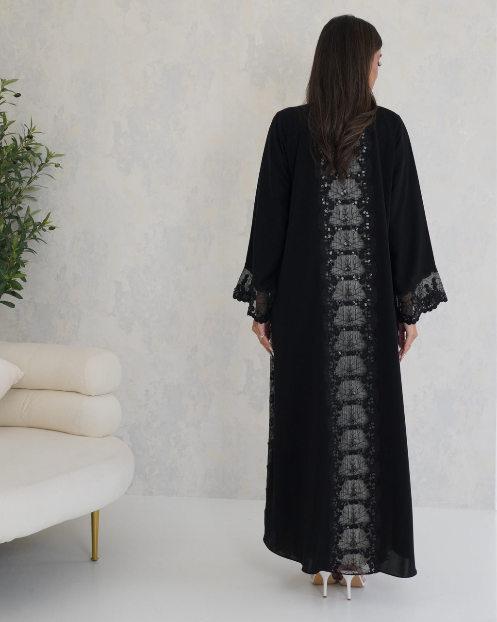 R123 Black dantel Abaya Set