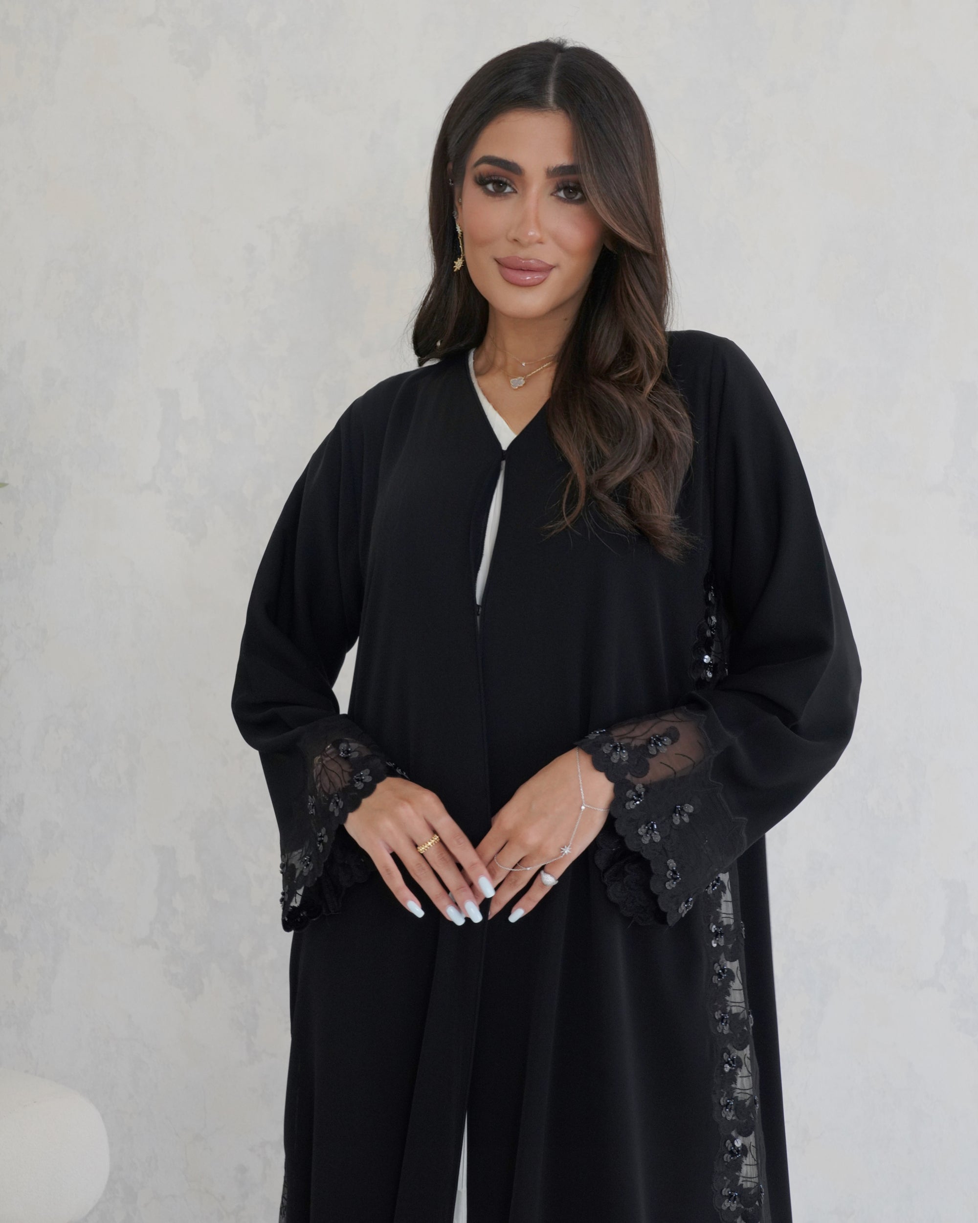 R123 Black dantel Abaya Set