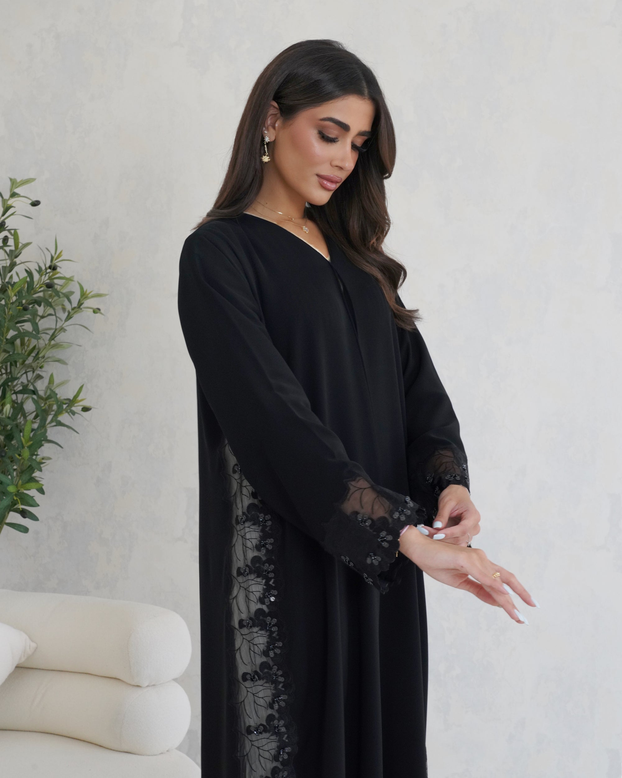 R123 Black dantel Abaya Set
