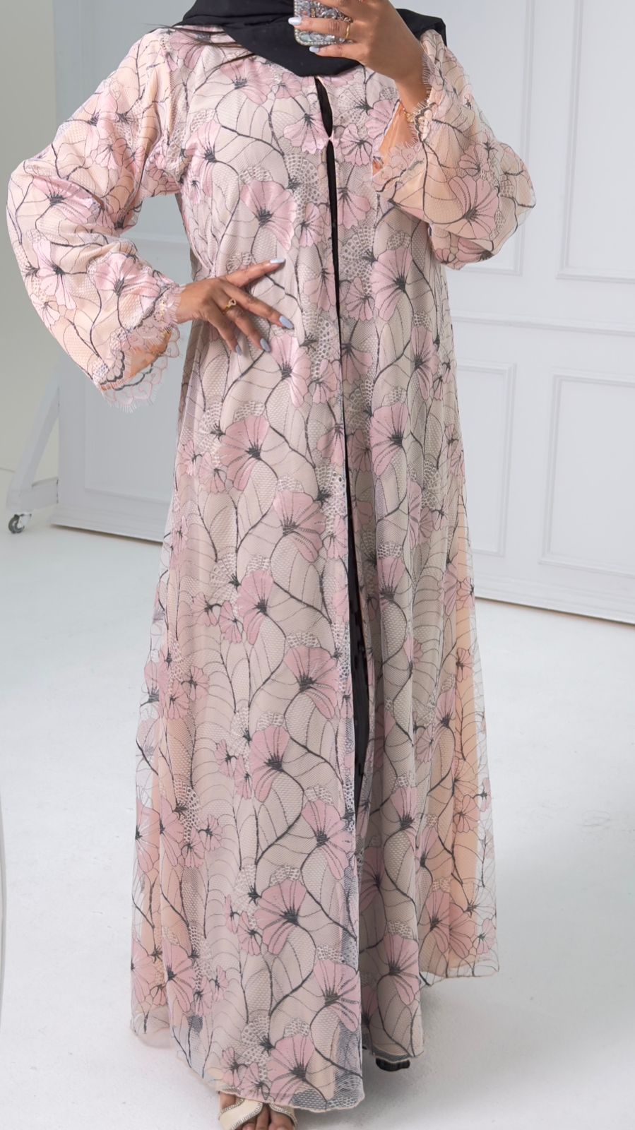 R176 Elegant  Pink Dantel Summer wear  Abaya Set