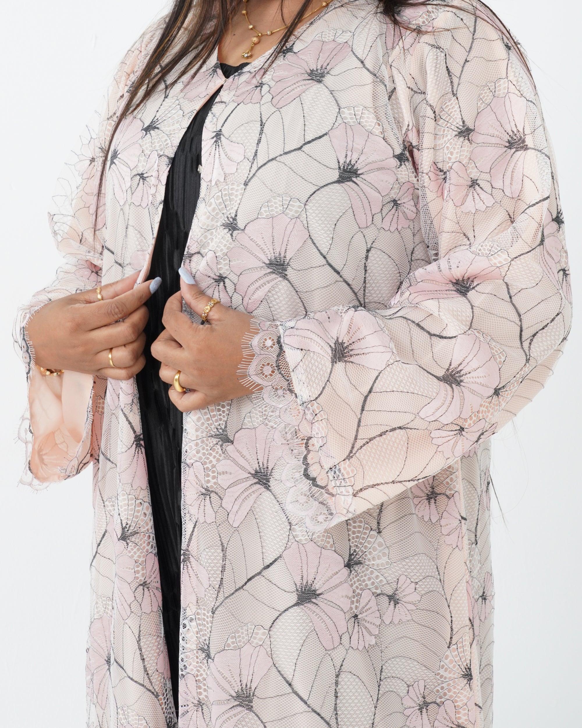 R176 Elegant  Pink Dantel Summer wear  Abaya Set