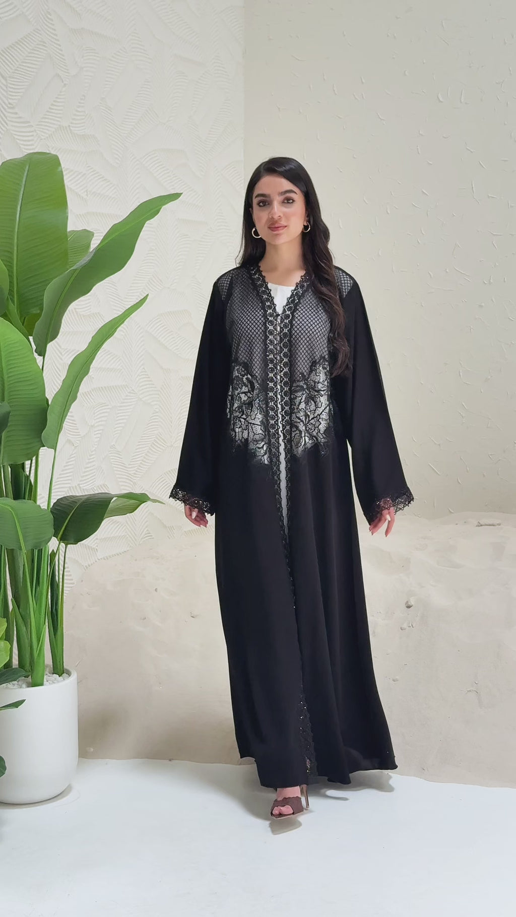 R300 Galaxy Dantel  Black Abaya with stone Lace