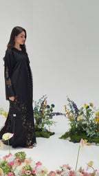 R305 Golden francy sequence lace Classic Black Abaya