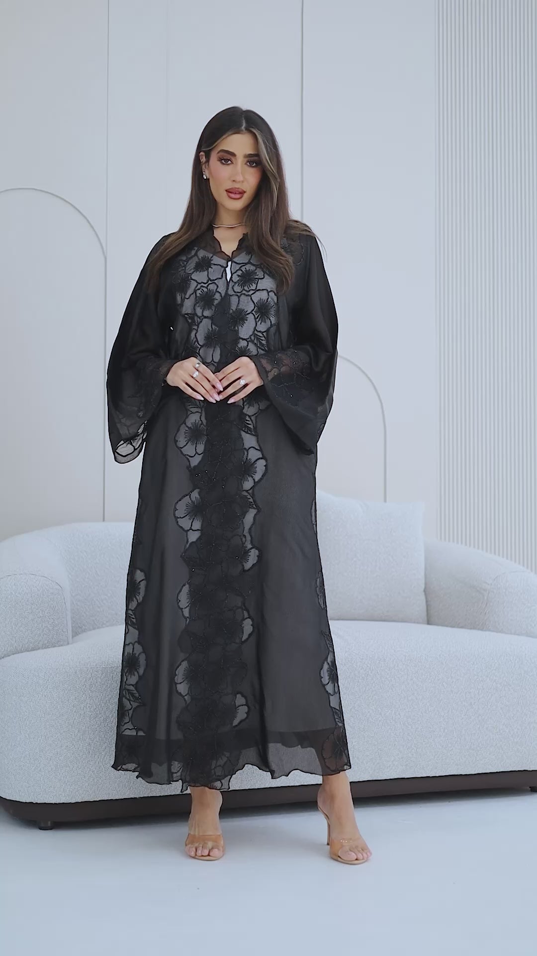 R285 | Elegant Abaya – Flower Embroidery Lace with Handmade Beads Work