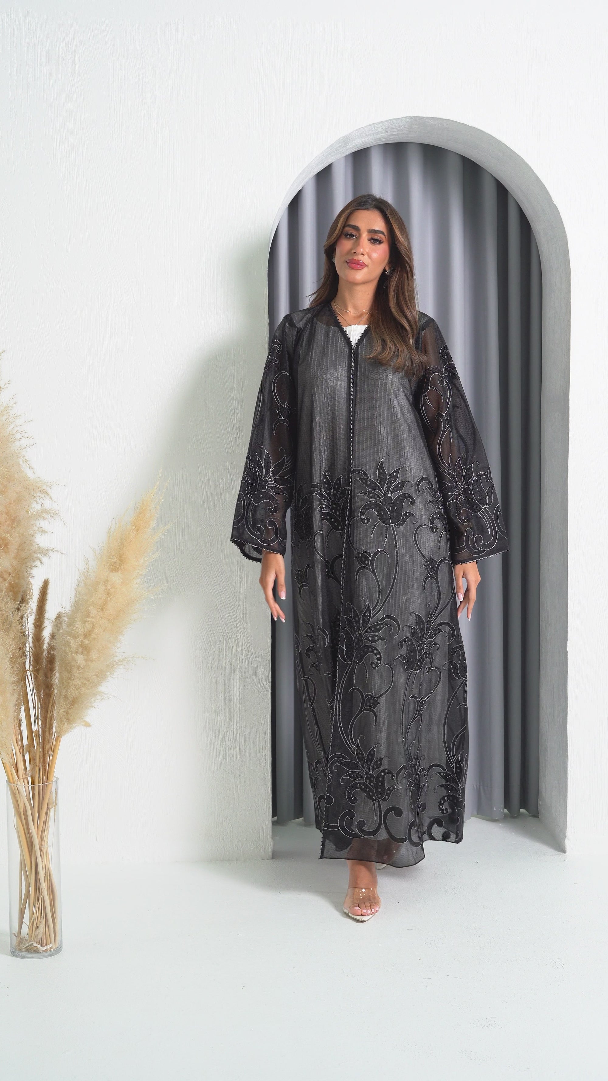 R219 Black elegant Flower Laser  Dantil Abaya Set