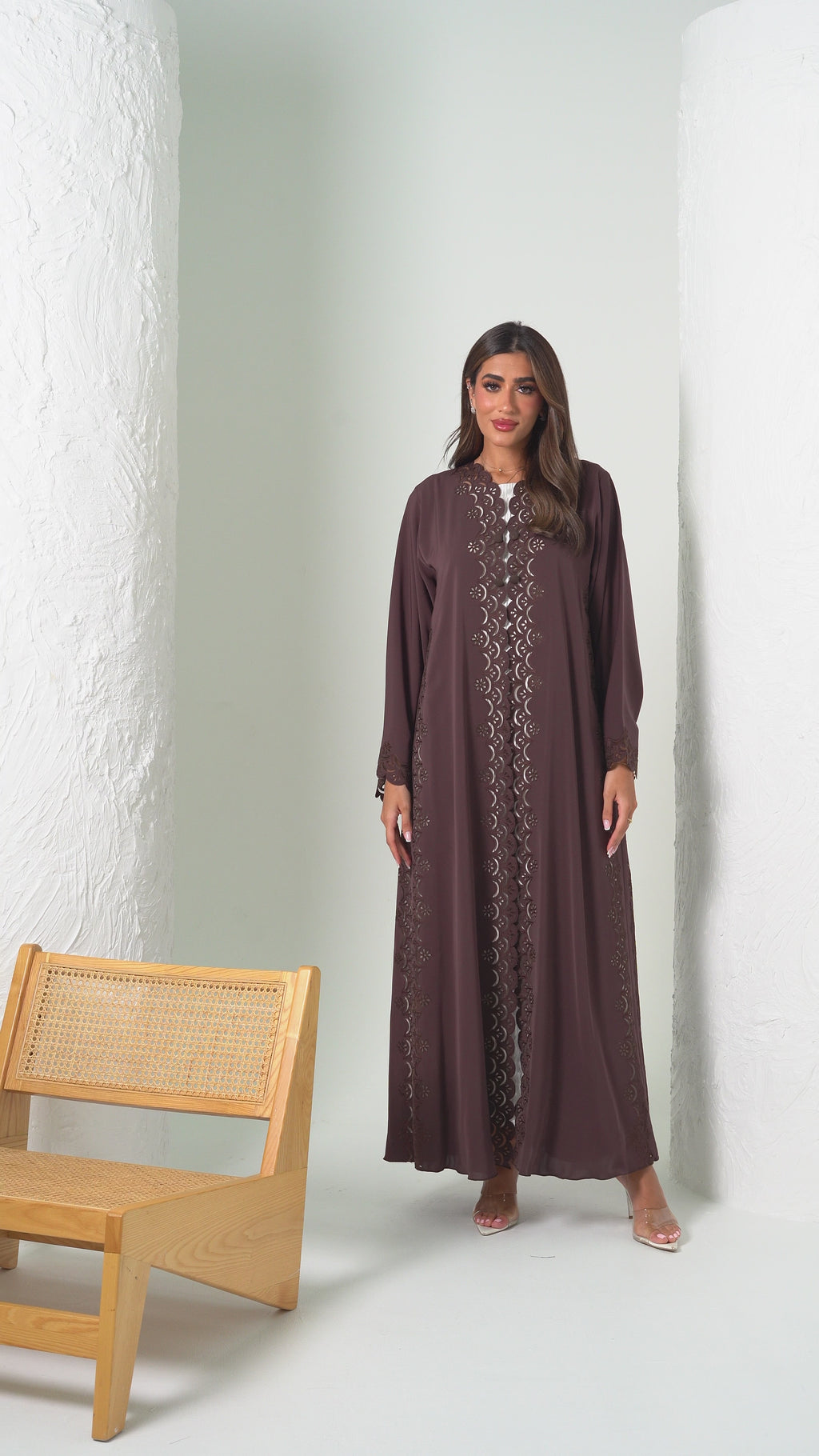 R203 Brown Laser Cut Abaya Set