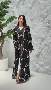 R309 Exclusively Designed with Base embroidery and handmade beads work Black and off- white contrast Summer Abaya