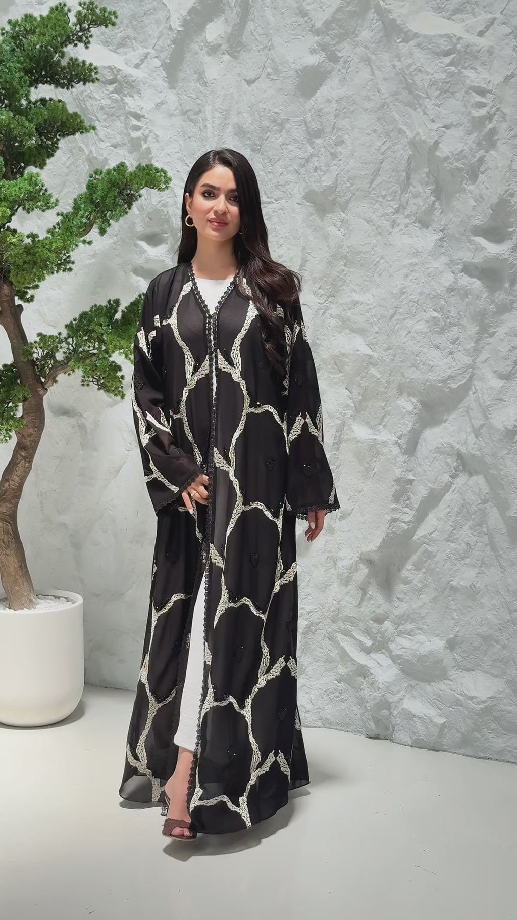 R309 Exclusively Designed with Base embroidery and handmade beads work Black and off- white contrast Abaya