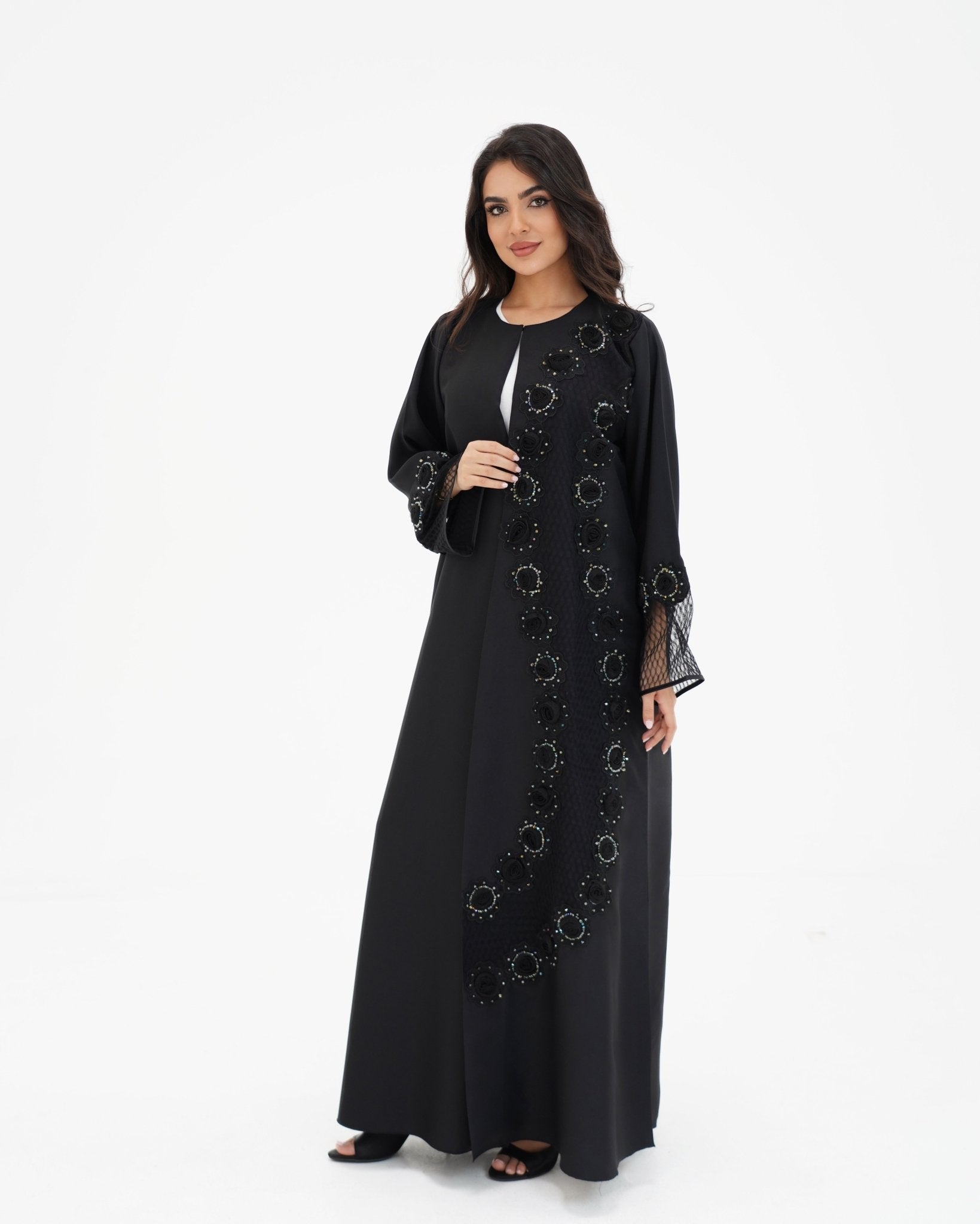 R 331 Black 3D Floral Lace Abaya Abaya for Women UAE – Abaya – Rutba Fashion Abaya