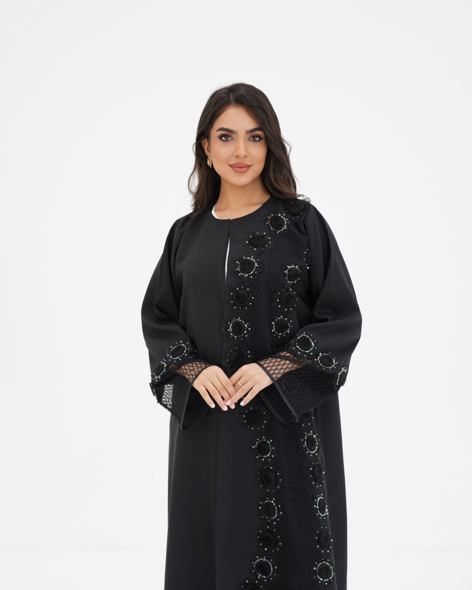 R 331 Black 3D Floral Lace Abaya Abaya for Women UAE – Abaya – Rutba Fashion Abaya