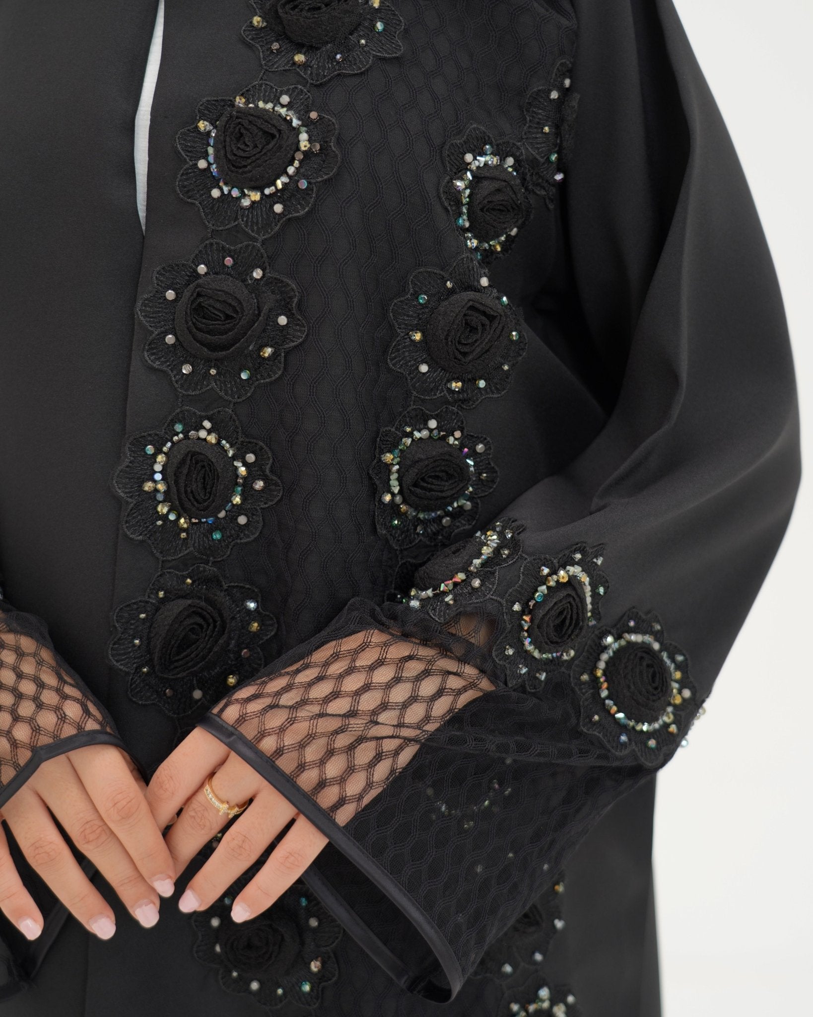 R 331 Black 3D Floral Lace Abaya Abaya for Women UAE – Abaya – Rutba Fashion Abaya
