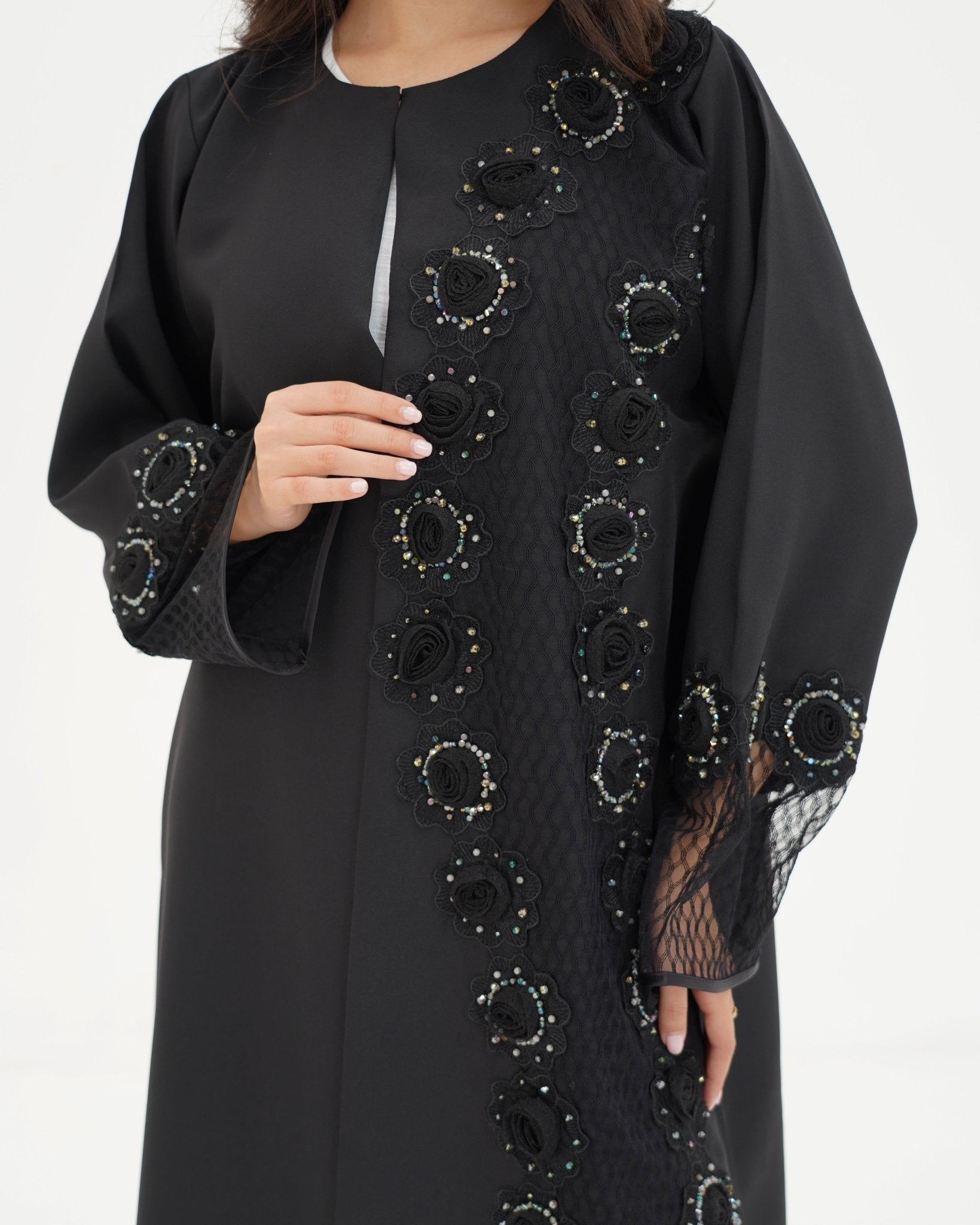 R 331 Black 3D Floral Lace Abaya Abaya for Women UAE – Abaya – Rutba Fashion Abaya