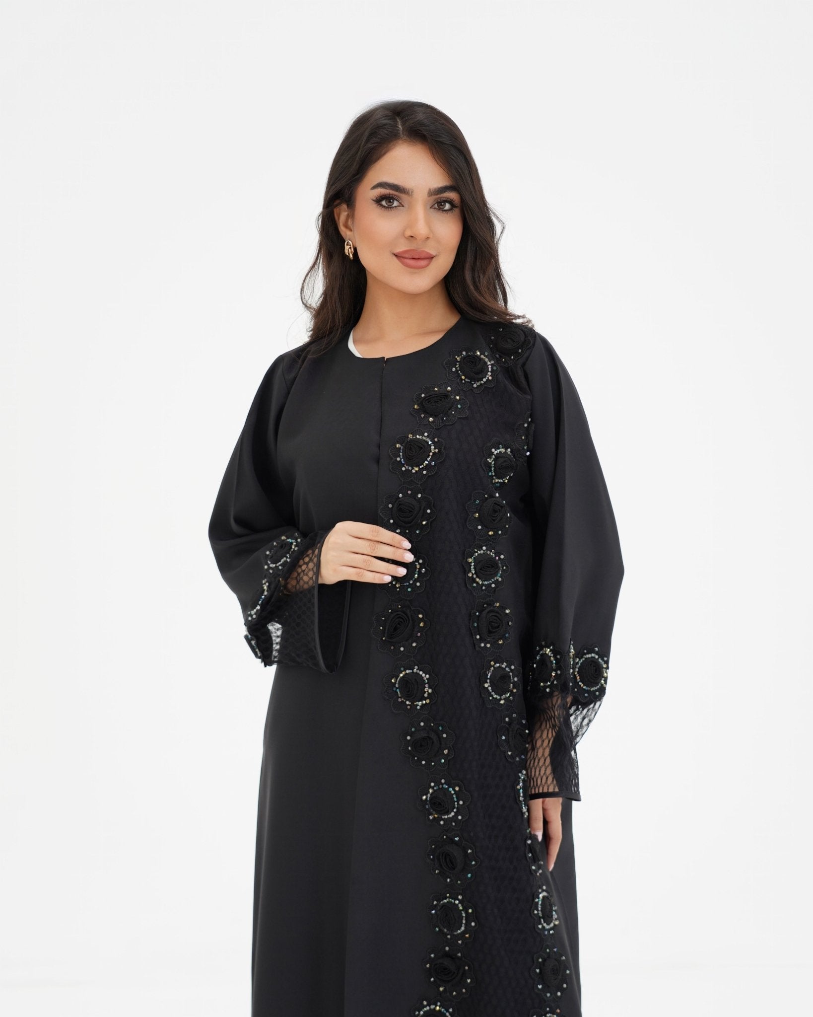 R 331 Black 3D Floral Lace Abaya Abaya for Women UAE – Abaya – Rutba Fashion Abaya