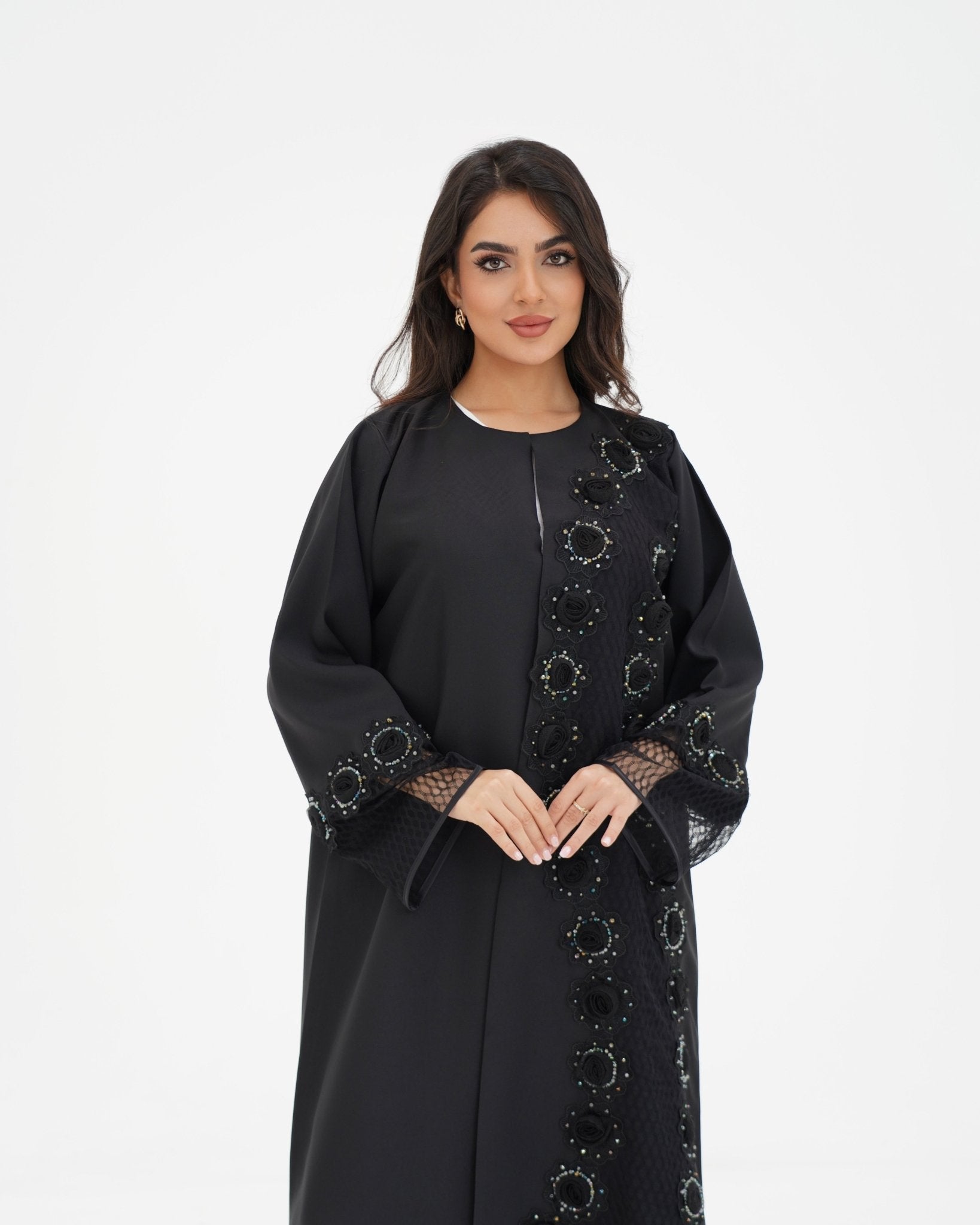 R 331 Black 3D Floral Lace Abaya Abaya for Women UAE – Abaya – Rutba Fashion Abaya