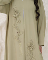 R 339 Light Olive-Beige Floral Beaded Abaya Abaya for Women UAE – Abaya – Rutba Fashion Abaya