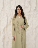 R 339 Light Olive-Beige Floral Beaded Abaya Abaya for Women UAE – Abaya – Rutba Fashion Abaya