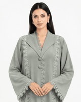 R 364 Soft Sage-Grey Lace Abaya Abaya for Women UAE – Abaya – Rutba Fashion Abaya
