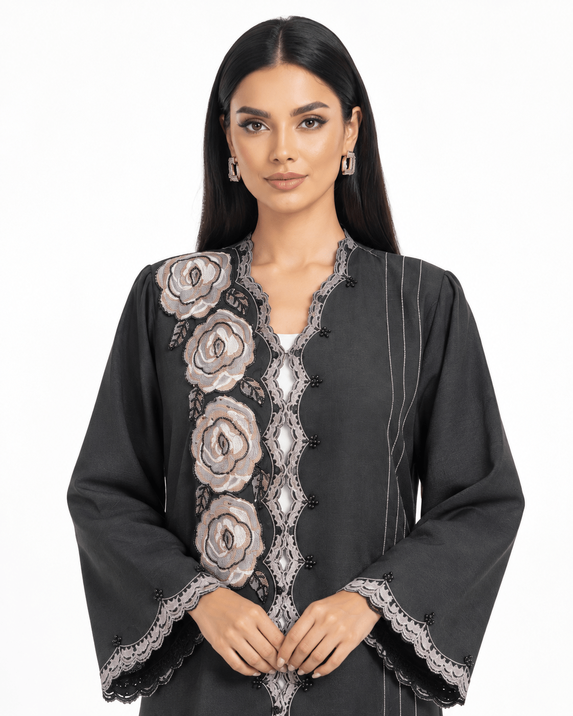 R 371 Charcoal Floral Lace Abaya Abaya for Women UAE – Abaya – Rutba Fashion Abaya