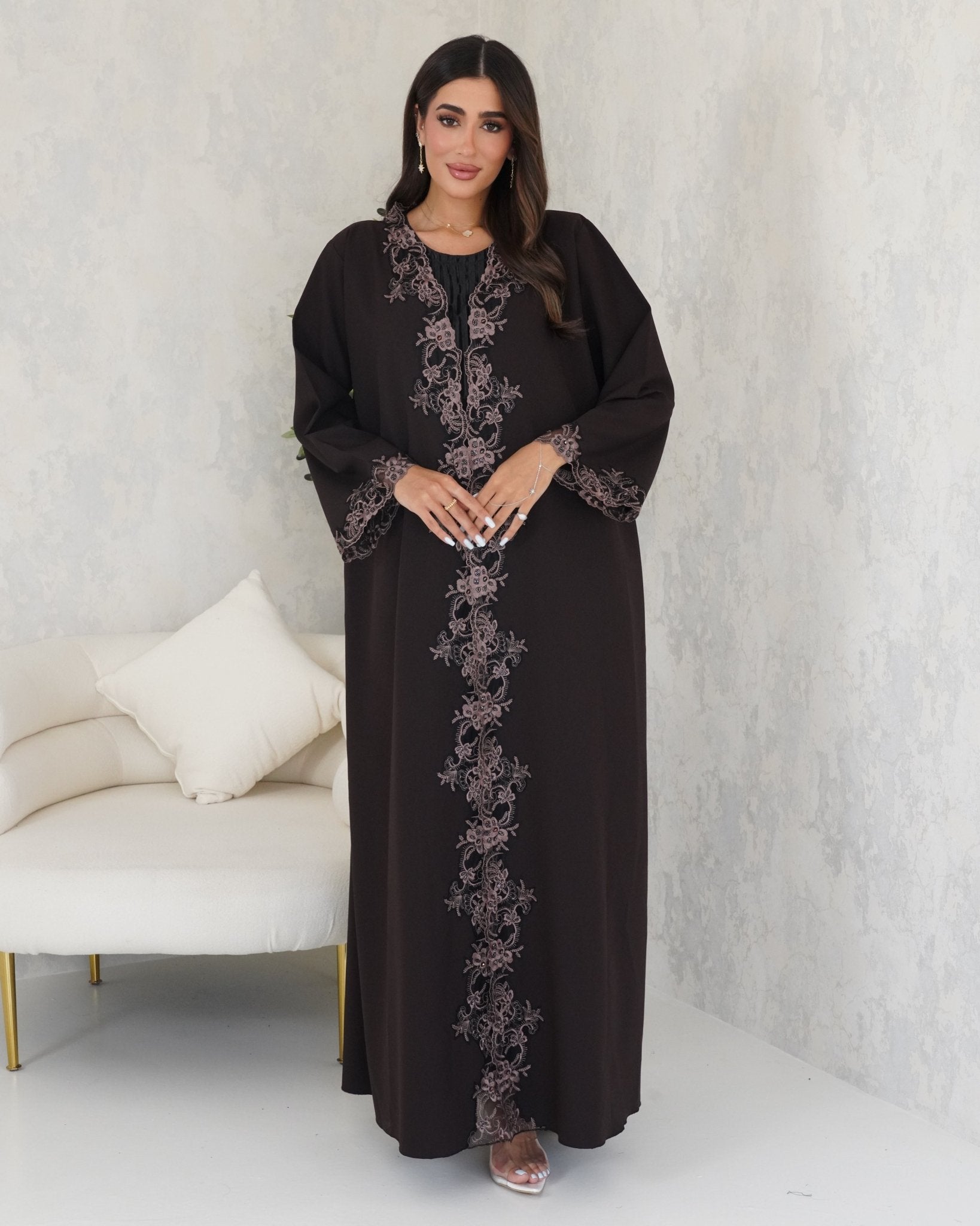 R102 Dark Brown Abaya Set Abaya for Women UAE – Abaya – Rutba Fashion Abaya