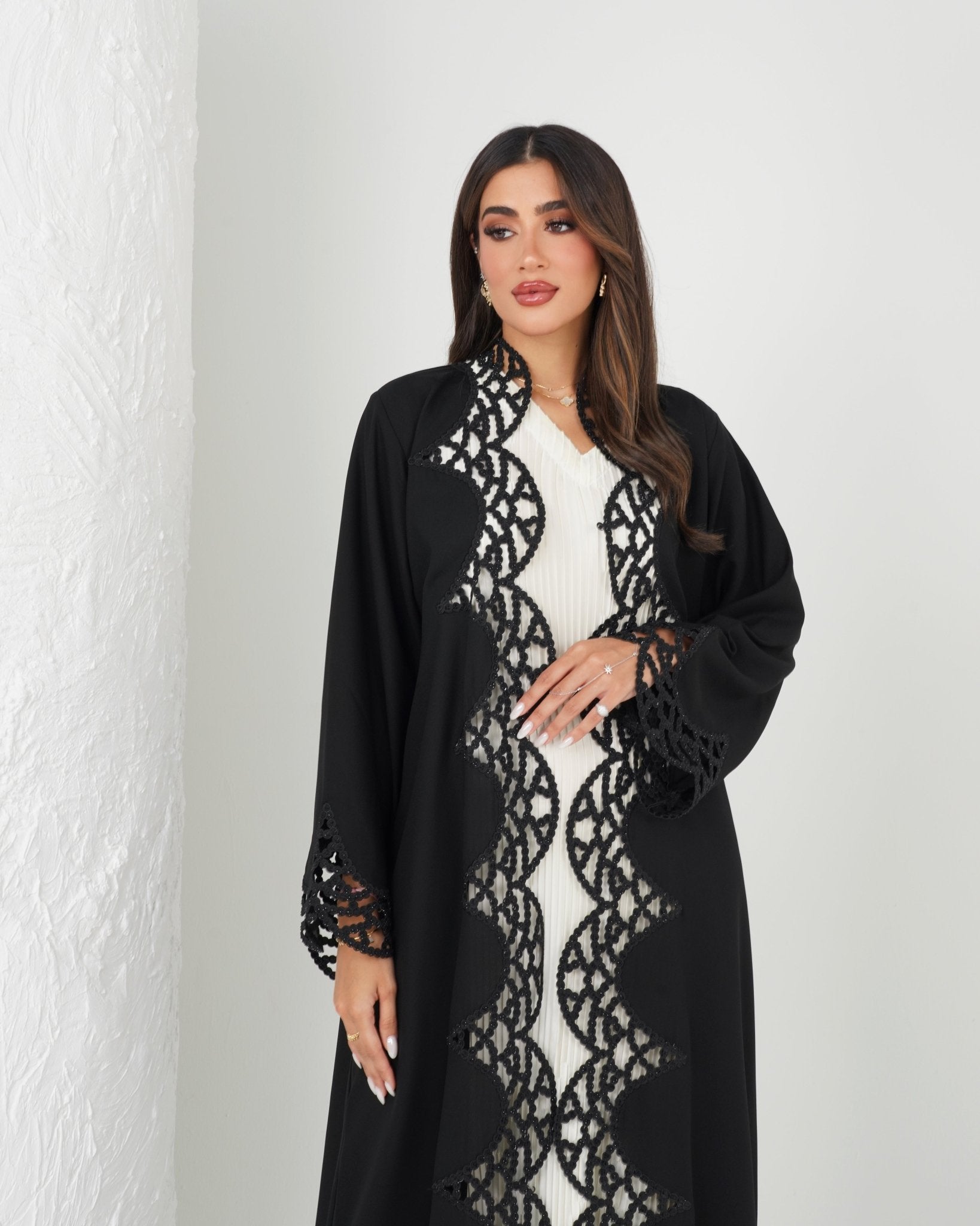 R141 Black Dantel Abaya Set Abaya for Women UAE – Abaya – Rutba Fashion Abaya