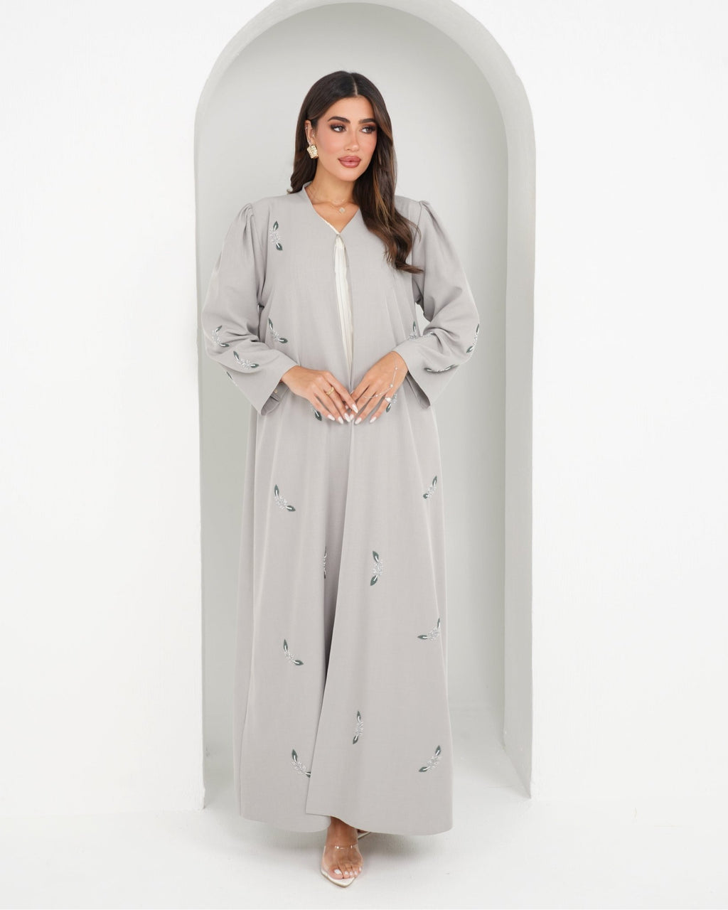 R143 Grey Summer Abaya Set Abaya for Women UAE – Abaya – Rutba Fashion Abaya
