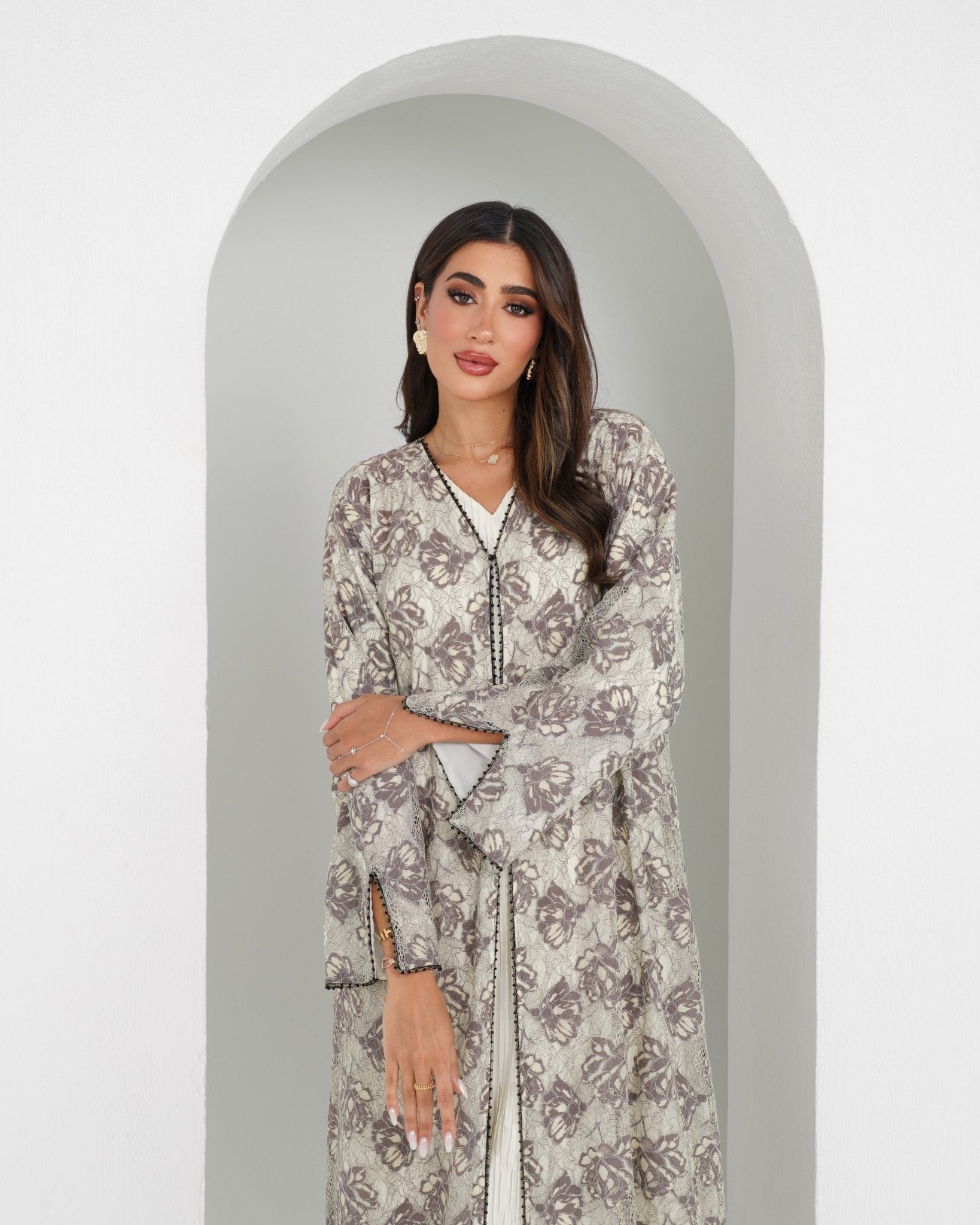 R152 Summer Beige Dantel Abaya Set Abaya for Women UAE – Abaya – Rutba Fashion Abaya