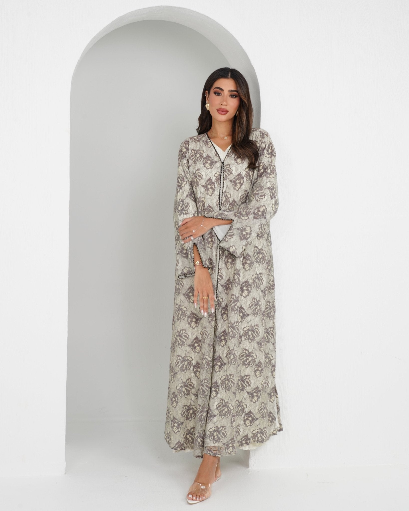 R152 Summer Beige Dantel Abaya Set Abaya for Women UAE – Abaya – Rutba Fashion Abaya