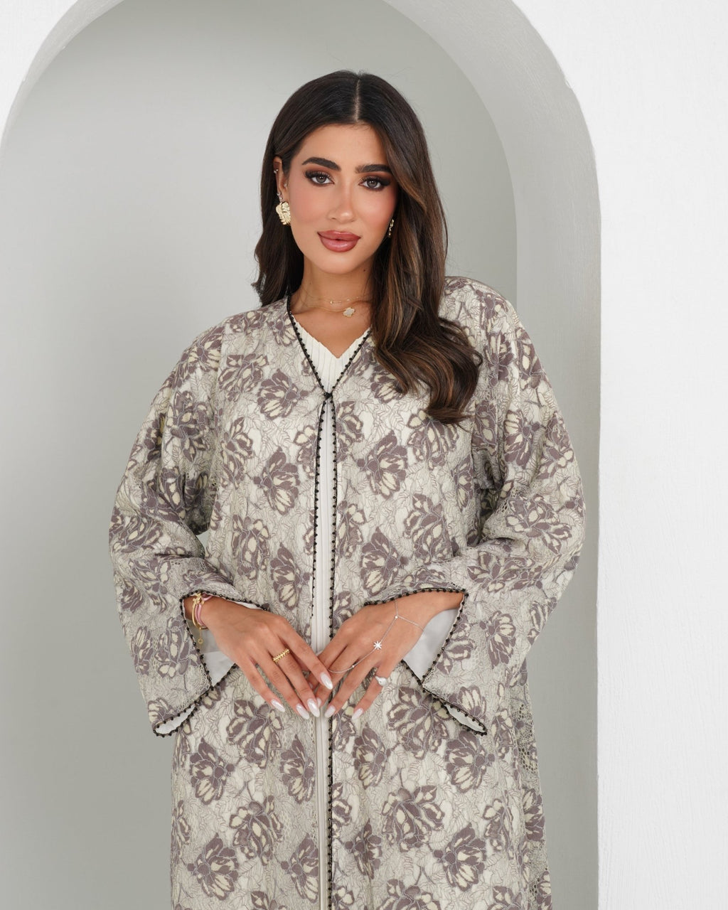 R152 Summer Beige Dantel Abaya Set Abaya for Women UAE – Abaya – Rutba Fashion Abaya