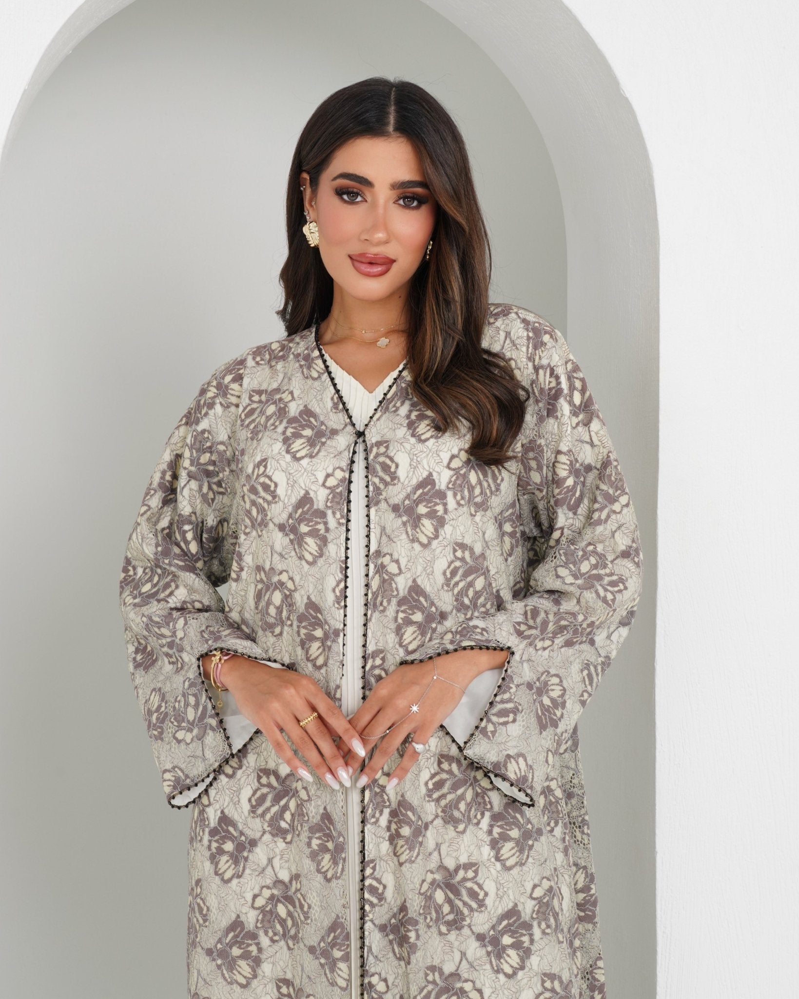 R152 Summer Beige Dantel Abaya Set Abaya for Women UAE – Abaya – Rutba Fashion Abaya