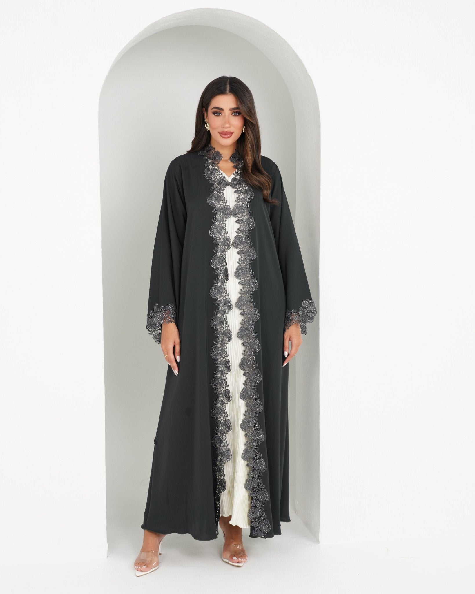 R154 C Green Dantel Glaring Abaya Set Abaya for Women UAE – Abaya – Rutba Fashion Abaya